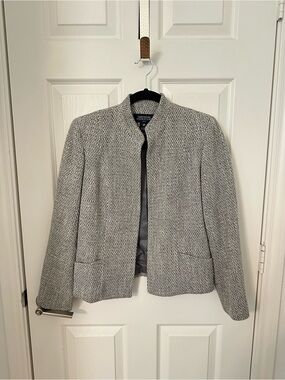 Jones New York Signature Grey Tweed Open Front Blazer Wool Jacket Size 4 Petite